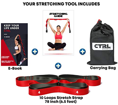 Stretching Strap with Loops - Non Elastic Stretch Band for Physical Therapy, Yoga Strap for Stretching Equipment, Stretch Bands for Exercise and Flexibility - Fascia, Hamstring & Leg Stretcher Belt