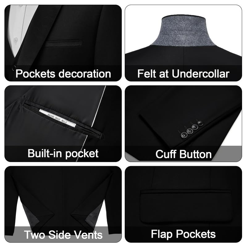 MAGE MALE Men's Slim Fit 3 Piece Suit One Button Solid Shawl Lapel Blazer Jacket Vest Pants Set with Tie Pocket Square