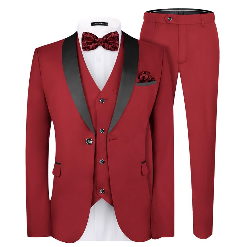 MAGE MALE Men's Slim Fit 3 Piece Suit One Button Solid Shawl Lapel Blazer Jacket Vest Pants Set with Tie Pocket Square