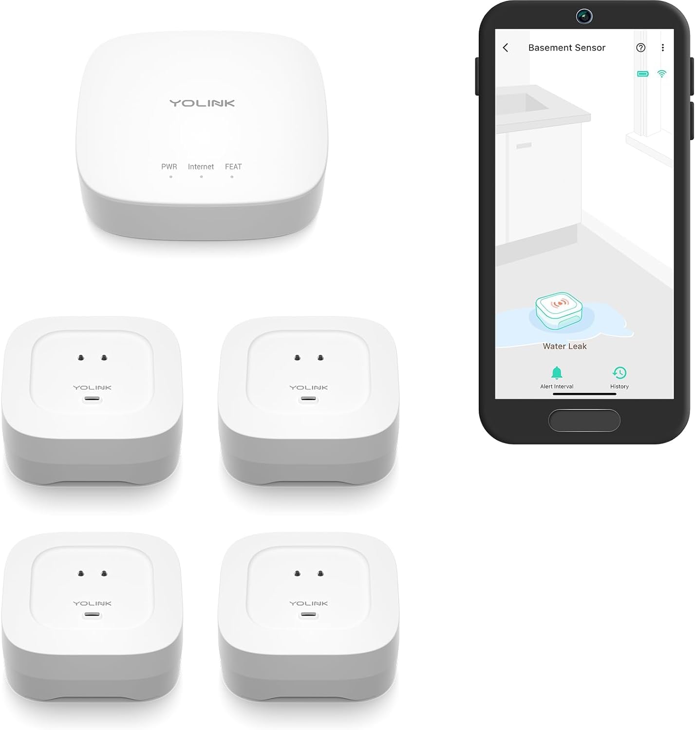 YoLink Smart Home Starter Kit: Hub & Water Leak Sensor 4-Pack, SMS/Text, Email & Push Notifications, LoRa Up to 1/4 Mile Open-Air Range, w/Alexa, IFTTT, Home Assistant