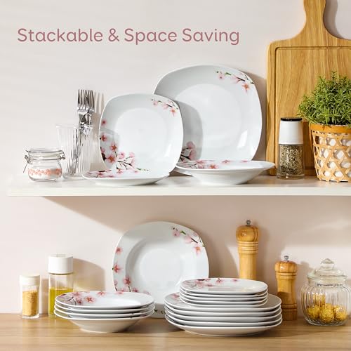 VEWEET, Series Annie, Porcelain Dinnerware Sets for 6, White Dish Set with Pink Floral, 30 PCS Dinner Sets Including Dinner Plates, Dessert Plates, Soup Plates Set, Cups & Saucers