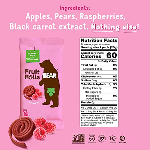 BEAR Real Fruit Snack Rolls - Gluten Free, Vegan, and Non-GMO - Strawberry – Healthy School And Lunch Snacks For Kids And Adults, 0.7 Ounce (Pack of 12)