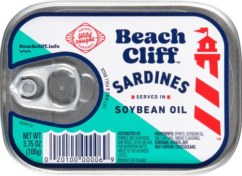 Beach Cliff Sardines in Water, 3.75 oz Can (Pack of 12) - Wild Caught Sardines - 12g Protein per Serving - Gluten Free, Keto Friendly - Great for Pasta & Seafood Recipes,