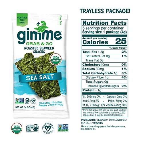 gimMe Grab & Go - Sea Salt & Avocado Oil - 5 Count - Organic Roasted Seaweed Sheets - Keto Vegan Gluten Free - Great Source of Iodine & Omega 3’s - Healthy On-The-Go Snack for Kids Adults