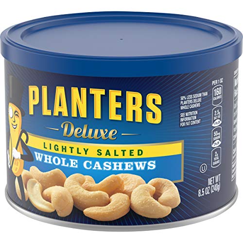 PLANTERS Deluxe Lightly Salted Whole Cashews, Party Snacks, Plant-Based Protein, Quick Snack for Adults, After School Snack, Roasted Cashew, Flavored with Sea Salt, Kosher, 1lb 2.25oz Canister