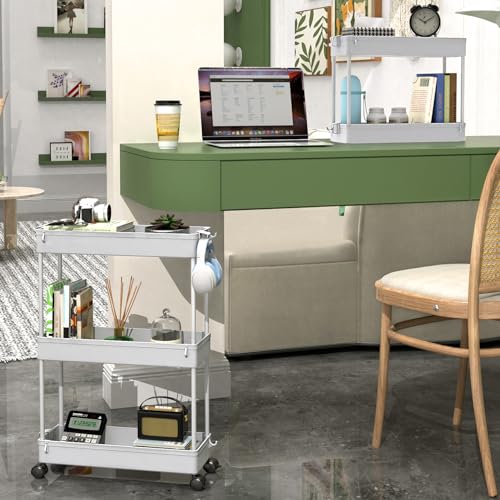 SPACEKEEPER Slim Rolling Storage Cart, 3 Tier Bathroom Storage Organizer Laundry Room Utility Cart Mobile Shelving Unit, Multi-Purpose for Kitchen Office Bathroom Laundry Narrow Places, White