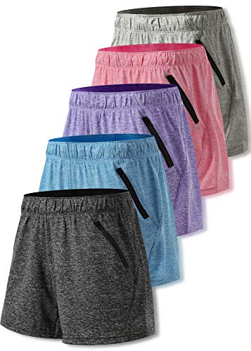 5 Pack: Womens Workout Gym Shorts Casual Lounge Set, Ladies Active Athletic Apparel with Zipper Pockets