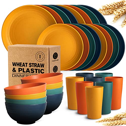 Teivio 32-Piece Kitchen Plastic Wheat Straw Dinnerware Set, Service for 8, Dinner Plates, Dessert Plate, Cereal Bowls, Cups, Unbreakable Colorful Plastic Outdoor Camping Dishes, Black