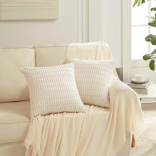 Fancy Homi 4 Packs Neutral Decorative Throw Pillow Covers 18x18 Inch for Living Room Couch Bed Sofa, Rustic Farmhouse Boho Home Decor, Soft Plush Striped Corduroy Square Cushion Case 45x45 cm