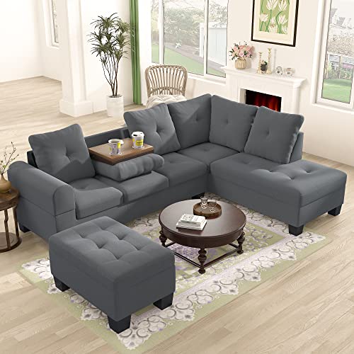 Lamerge Sectional Sofa Couch Set w/Ottoman &Chaise, Upholstered L Shape Modular Sofa Couch with 6 Seats, Living Room Furniture Sofa Sets, Button Tufted Comfy Sectional Couch for Living Room, Home