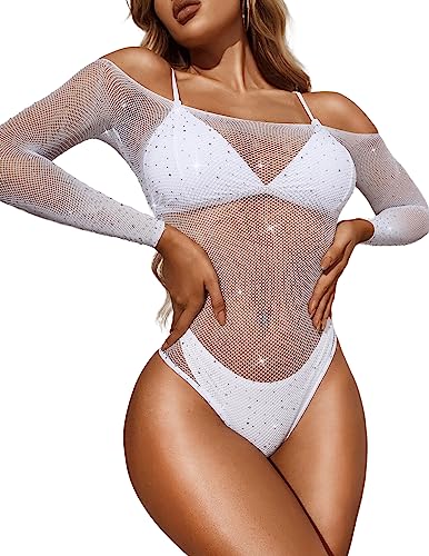 RSLOVE Women Lingerie Fishnet Bodysuit Sparkle Rhinestone Sexy Mesh Teddy Lingerie