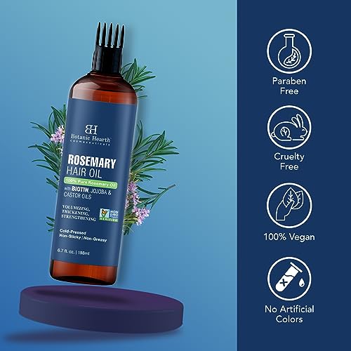 Botanic Hearth 100% Pure Rosemary Oil For Hair Growth Infused With Biotin | Hair Strenghtening Treatment | Nourishing & Volumizing | With Jojoba Oil & Castor Oil | Non GMO Verified | 6.7 fl oz