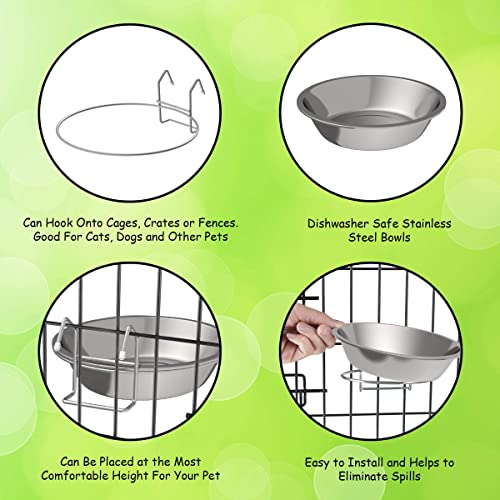 Set of 2 Stainless-Steel Dog Bowls - Cage, Kennel, and Crate Hanging Pet Bowls for Food and Water - 8oz Each and Dishwasher Safe by PETMAKER, Silver