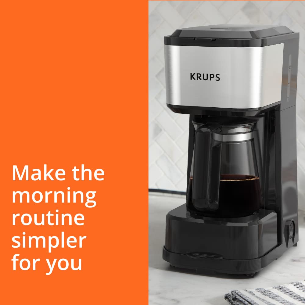 Krups, Coffee Maker, Simply Brew Stainless Steel 5 Cup, Keep Warm Function, Reusable Coffee Filter, Ultra Compact 650 Watts, Drip Free, Cold Brew, Dishwasher Safe Pot, Silver and Black