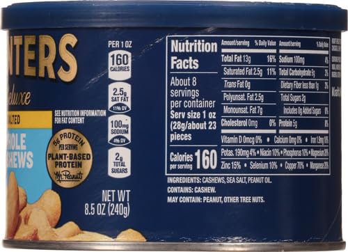 PLANTERS Deluxe Lightly Salted Whole Cashews, Party Snacks, Plant-Based Protein, Quick Snack for Adults, After School Snack, Roasted Cashew, Flavored with Sea Salt, Kosher, 1lb 2.25oz Canister