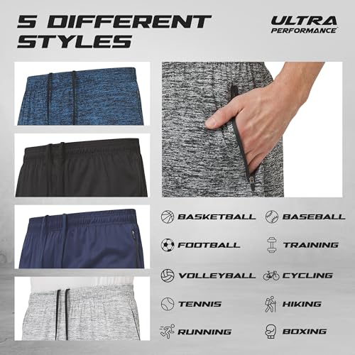 Ultra Performance Mens 5 Pack Athletic Running Shorts, Basketball Gym Workout Shorts for Men with Zippered Pockets