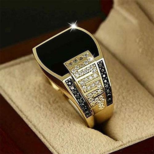 Fashion Cuban Link Chain Ring Classic Retro Color-Preserving 18K Gold Plated with Black Agate, Luxury Fashion Successful Gentleman Diamond Ring Hip Hop Ring for Men (9)