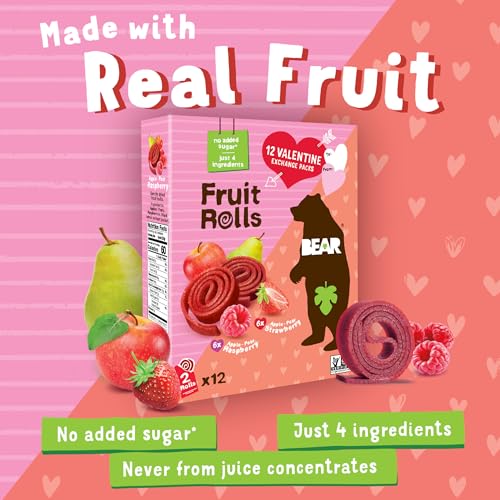 BEAR Real Fruit Snack Rolls - Gluten Free, Vegan, and Non-GMO - Strawberry – Healthy School And Lunch Snacks For Kids And Adults, 0.7 Ounce (Pack of 12)