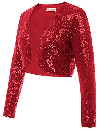 Belle Poque Women's Sequin Jacket Long Sleeve Open Front Glitter Cropped Blazer Bolero Shrug S-XXL