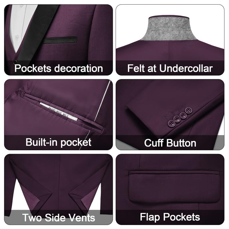 MAGE MALE Men's Slim Fit 3 Piece Suit One Button Solid Shawl Lapel Blazer Jacket Vest Pants Set with Tie Pocket Square