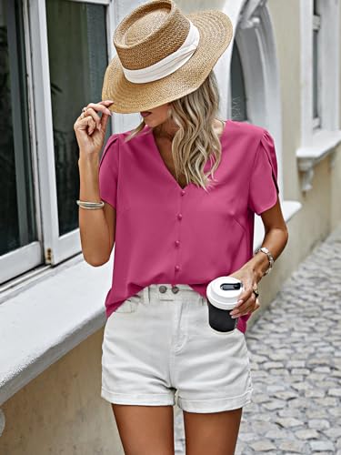 PRETTYGARDEN Short Sleeve Blouses for Women 2024 Summer Western Chiffon Shirts Dressy Casual Pearl Tops