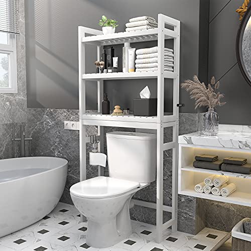 Homykic Over The Toilet Storage, Bamboo 3-Tier Over-The-Toilet Space Saver Organizer Rack, Stable Freestanding Above Toilet Stand with 3 Hooks for Bathroom, Restroom, Laundry, White