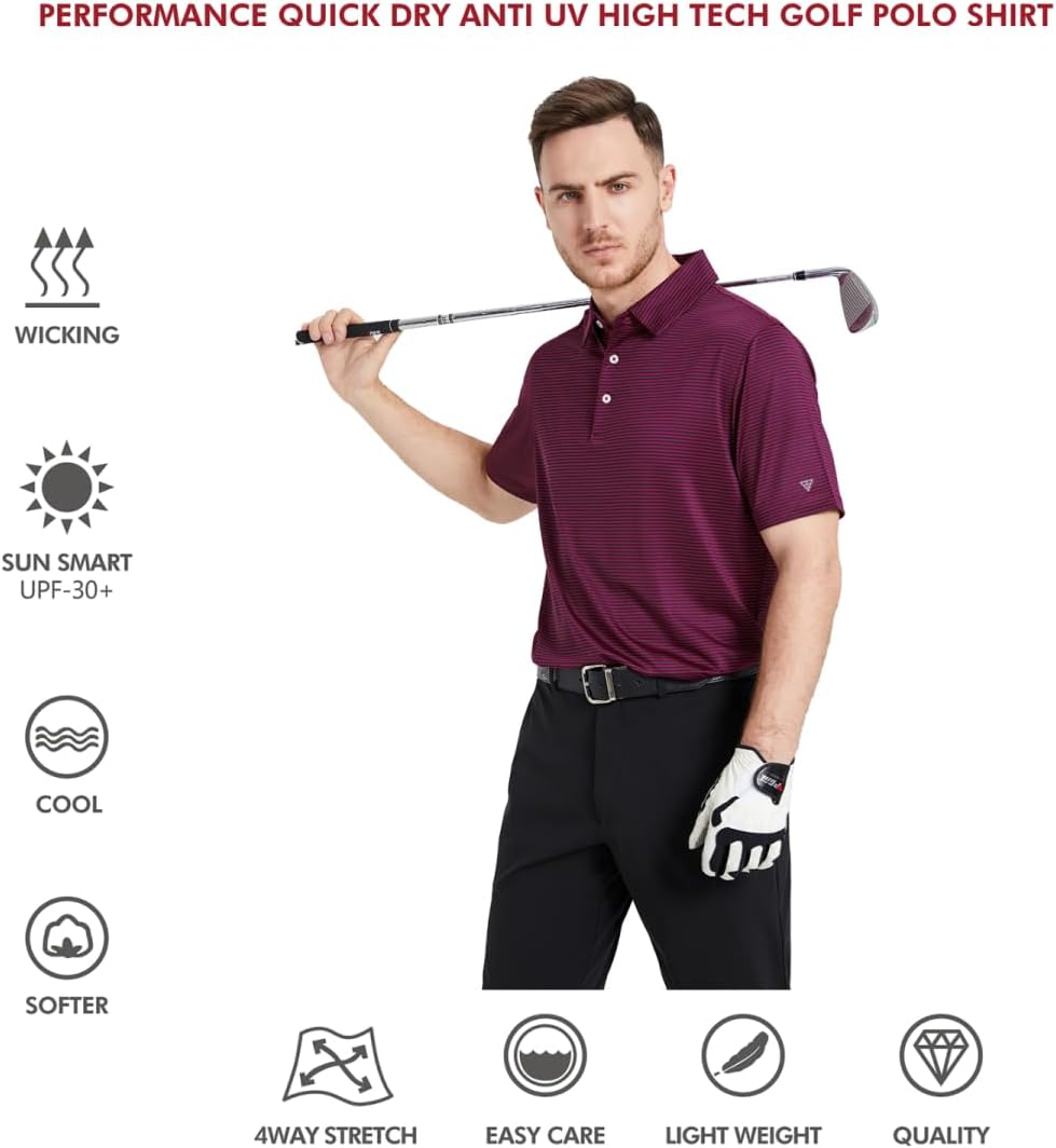 Men's Golf Polo Shirts Short Sleeve Striped Performance Moisture Wicking Dry Fit Golf Shirts for Men