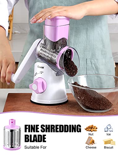 Geedel Rotary Cheese Grater, Kitchen Mandoline Vegetable Slicer with 3 Interchangeable Blades, Easy to Clean Grater for Fruit, Vegetables, Nuts