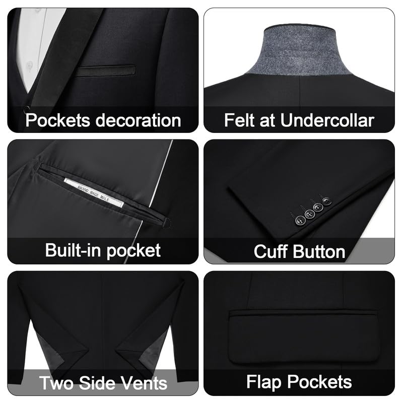 MAGE MALE Men's Slim Fit 3 Piece Suit One Button Solid Shawl Lapel Blazer Jacket Vest Pants Set with Tie Pocket Square