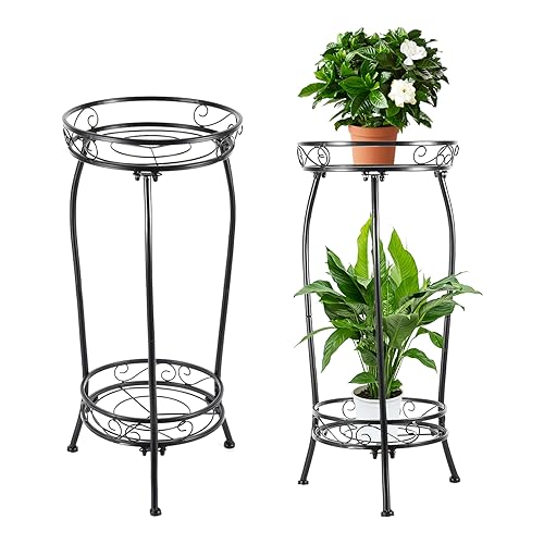 Plant Stand Indoor Outdoor 2 Tier 27" Tall Metal Potted Holder Rack Flower Pot Stand Heavy Duty Plant Shelf Rustproof Iron Multiple Plant Round Supports Rack for Planter Corner Garden Balcony Patio