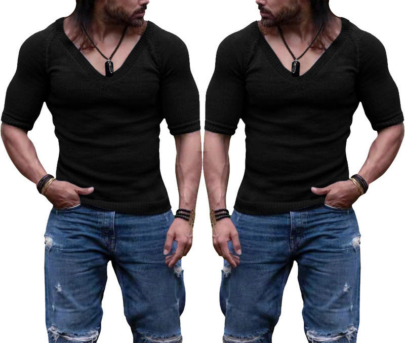 Men's Summer Slim V-neck Solid Color Thin Short Sleeve