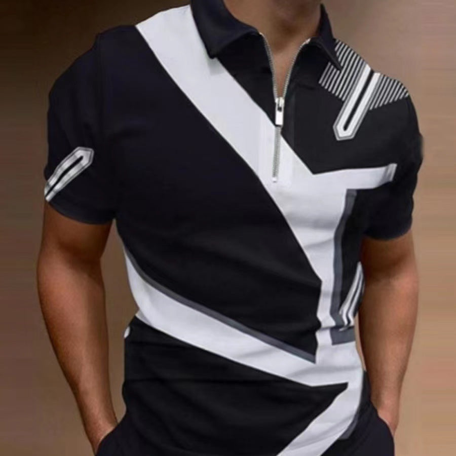 Fashion Loose Lapel Casual Print T-Shirt Zipper POLO Shirt