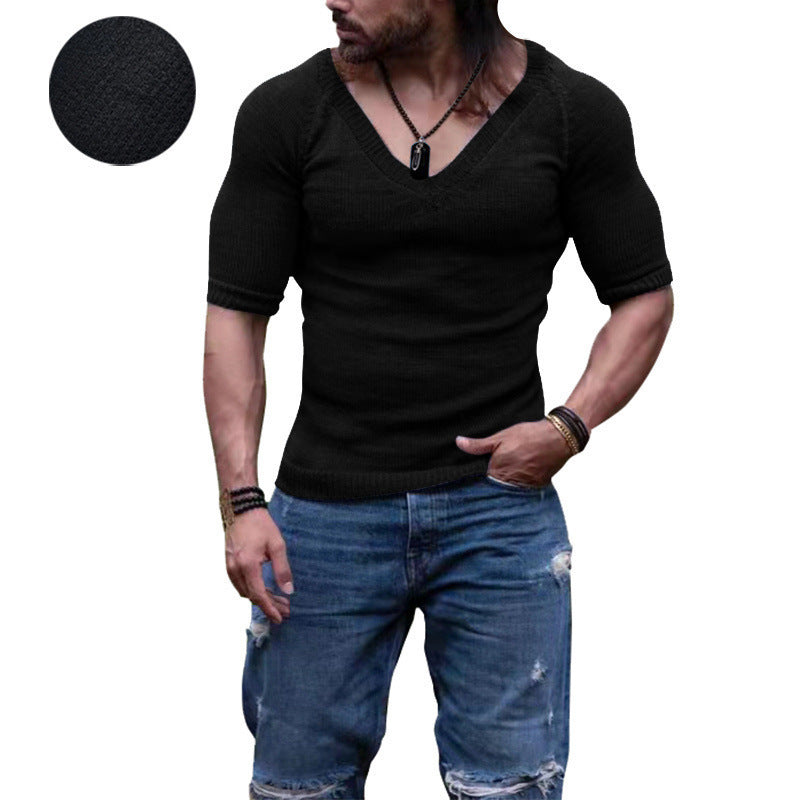 Men's Summer Slim V-neck Solid Color Thin Short Sleeve