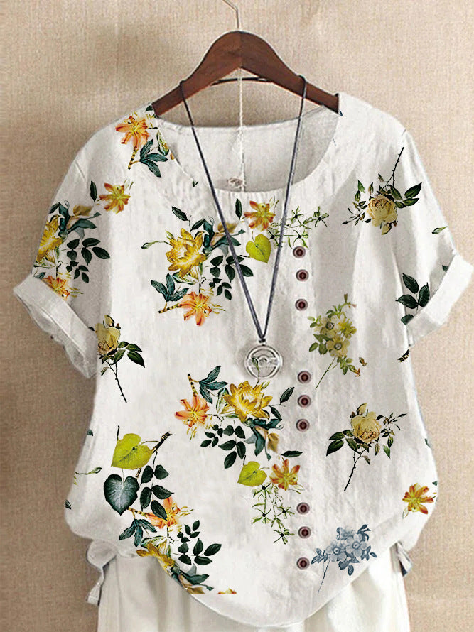 Retro Cotton And Linen Printed Loose Casual Shirt Short-sleeved T-shirt For Women