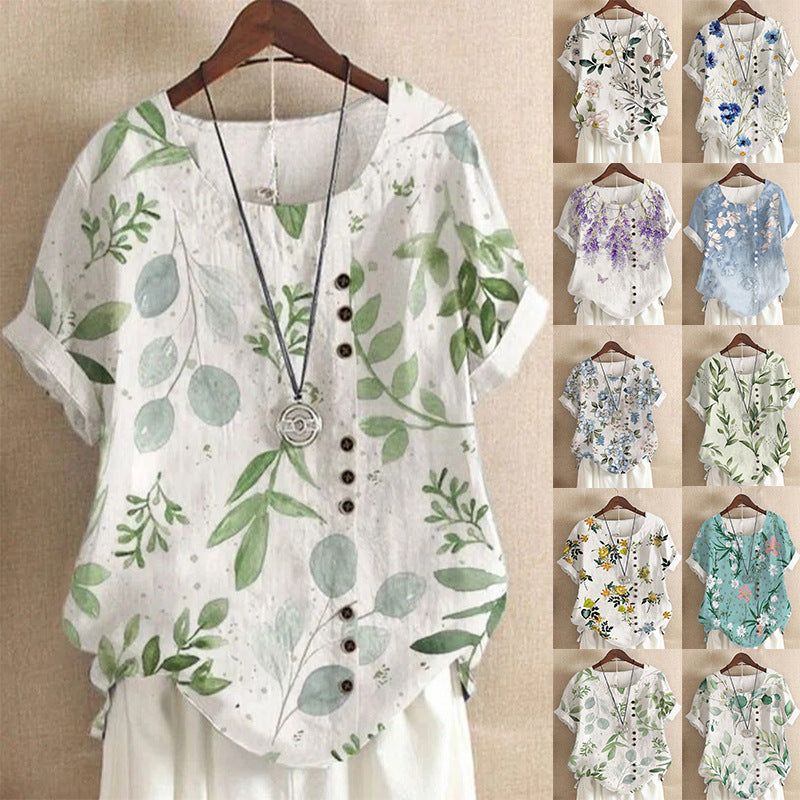 Retro Cotton And Linen Printed Loose Casual Shirt Short-sleeved T-shirt For Women