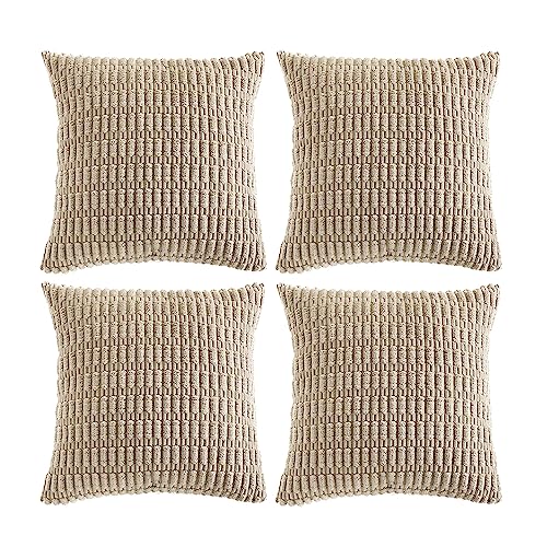 Fancy Homi 4 Packs Neutral Decorative Throw Pillow Covers 18x18 Inch for Living Room Couch Bed Sofa, Rustic Farmhouse Boho Home Decor, Soft Plush Striped Corduroy Square Cushion Case 45x45 cm