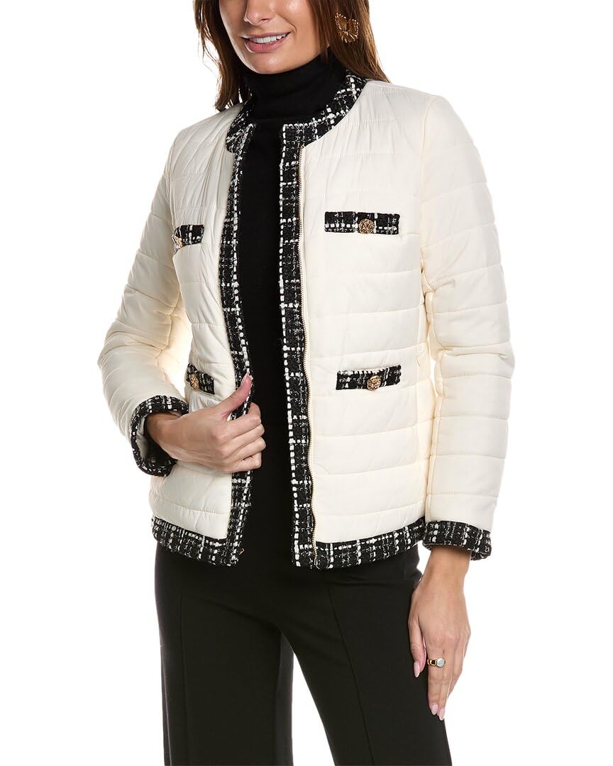 Anne Klein Women's Quilted Zip Jacket W/Tweed Trim