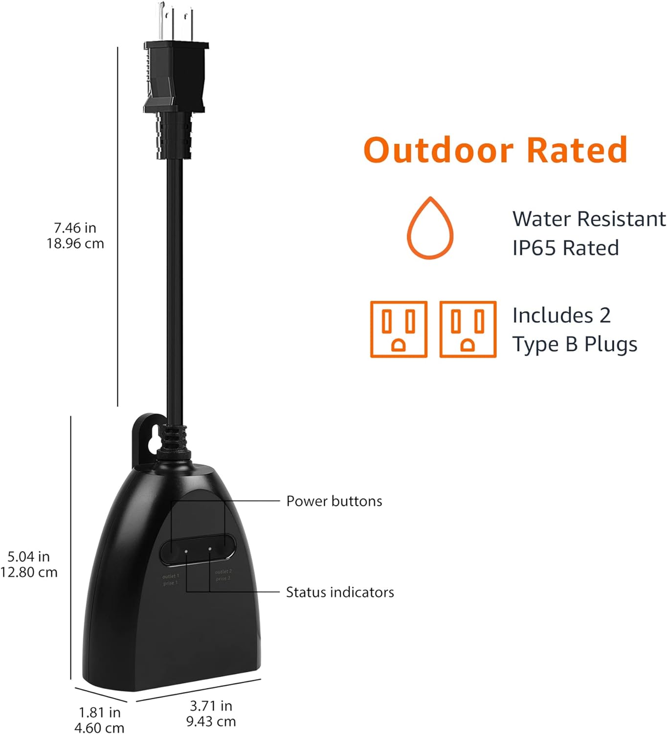 Amazon Basics Outdoor Smart Plug with 2 Individually Controlled Outlets, 2.4 GHz Wi-Fi, Works with Alexa Only, Black, 3.72 x 1.81 x 4.94 inches