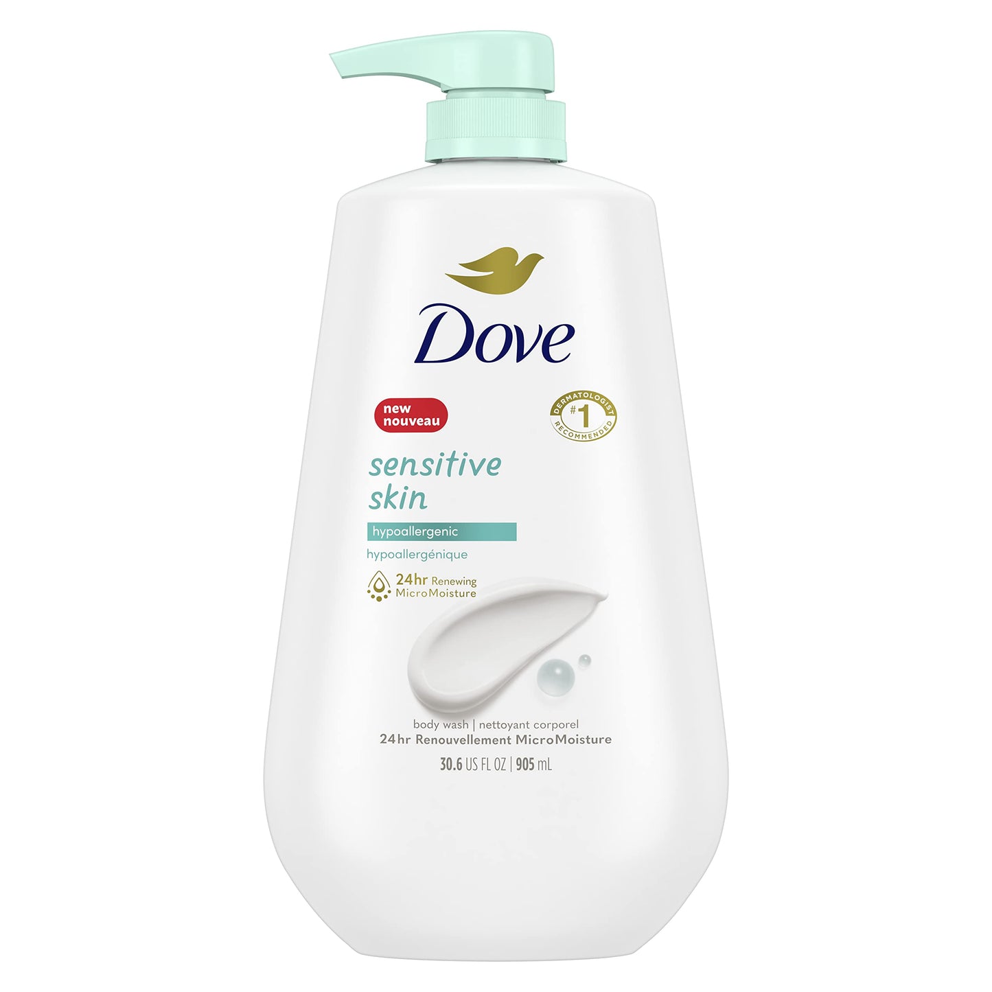 Dove Body Wash with Pump Sensitive Skin Hypoallergenic, Paraben-Free, Sulfate-Free, Cruelty-Free, Moisturizing Skin Cleanser Effectively Washes Away Bacteria While Nourishing Skin 30.6 oz