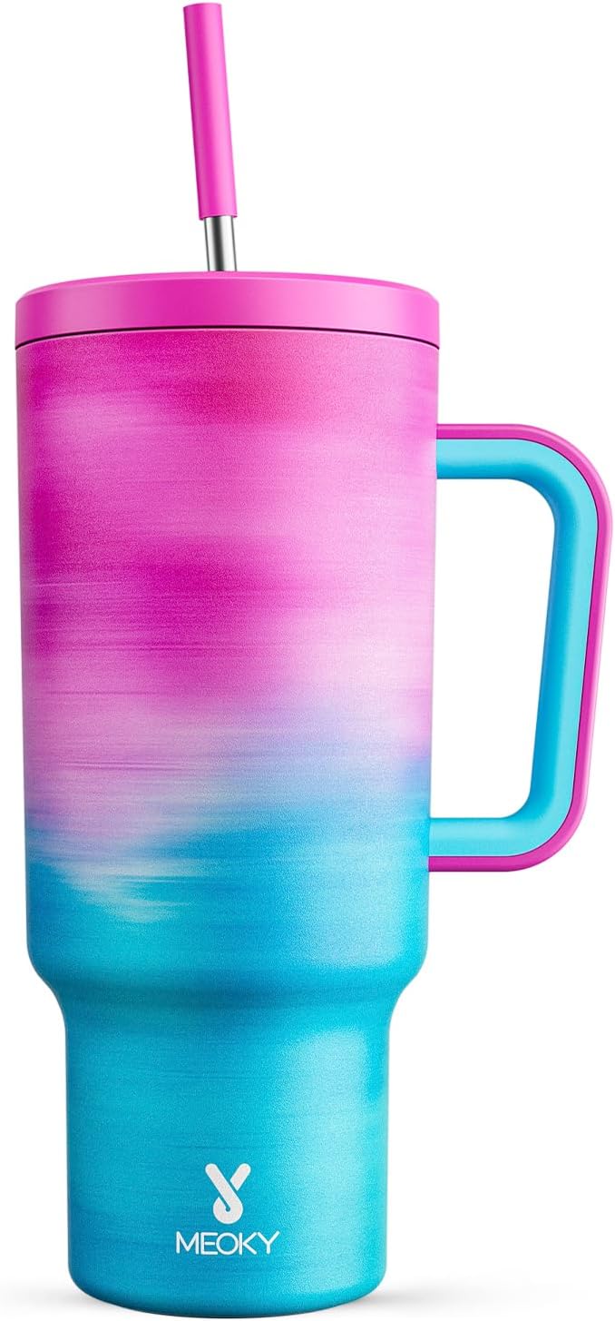 Meoky 40oz Tumbler with Handle, Leak-proof Lid and Straw, Insulated Coffee Mug Stainless Steel Travel Mug, Keeps Cold for 34 Hours or Hot for 10 Hours (Carnival)