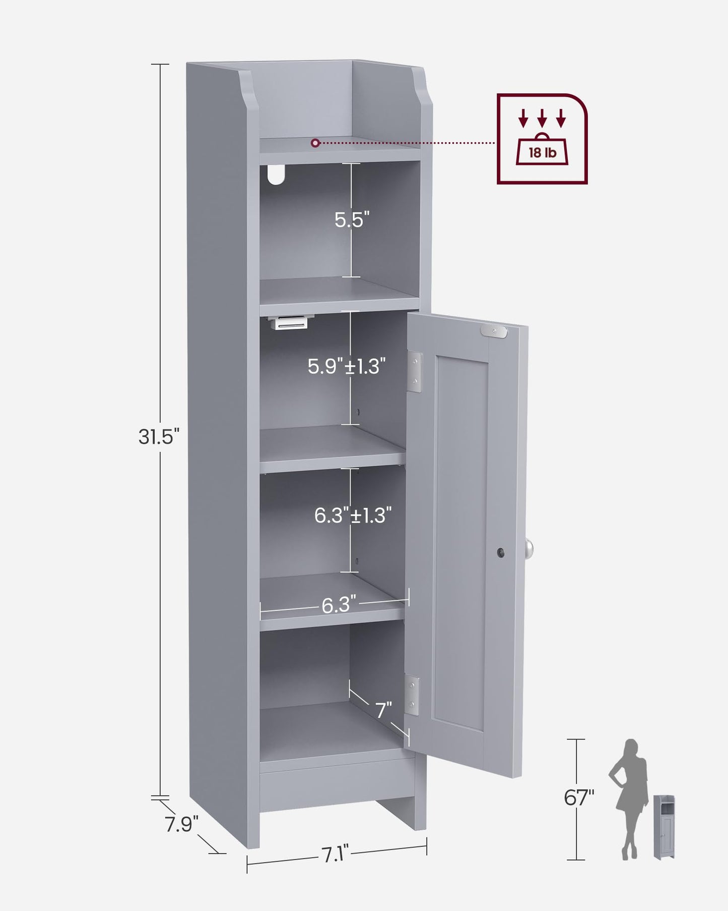 VASAGLE Small Bathroom Storage Corner Floor Cabinet with Door and Shelves, Bathroom Storage Organizer, Narrow Bathroom Toilet Paper Storage Cabinet, Adjustable Shelves, White UBBC310W01