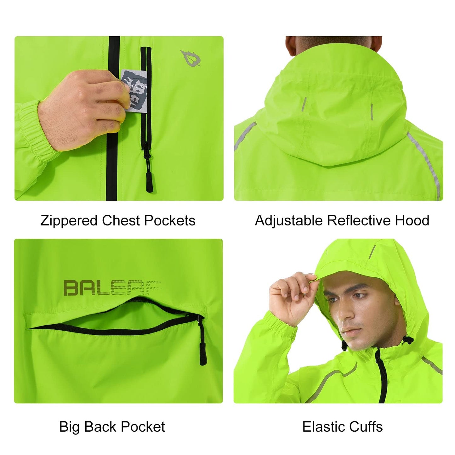 BALEAF Men's Rain Jacket Waterproof Windbreaker Running Cycling Golf Hiking Gear Hood Lightweight Reflective Packable