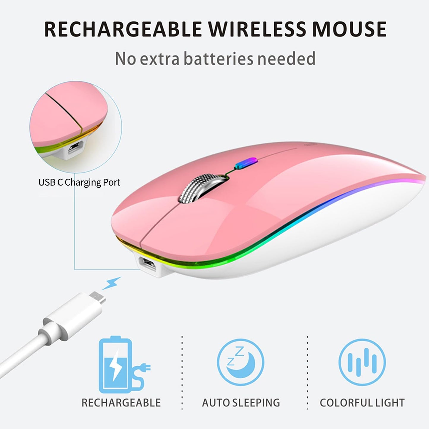 Uiosmuph LED Wireless Mouse, G12 Slim Rechargeable Silent Mouse, 2.4G Portable USB Optical Computer Mice with USB Receiver and Type C Adapter (Matte Black)