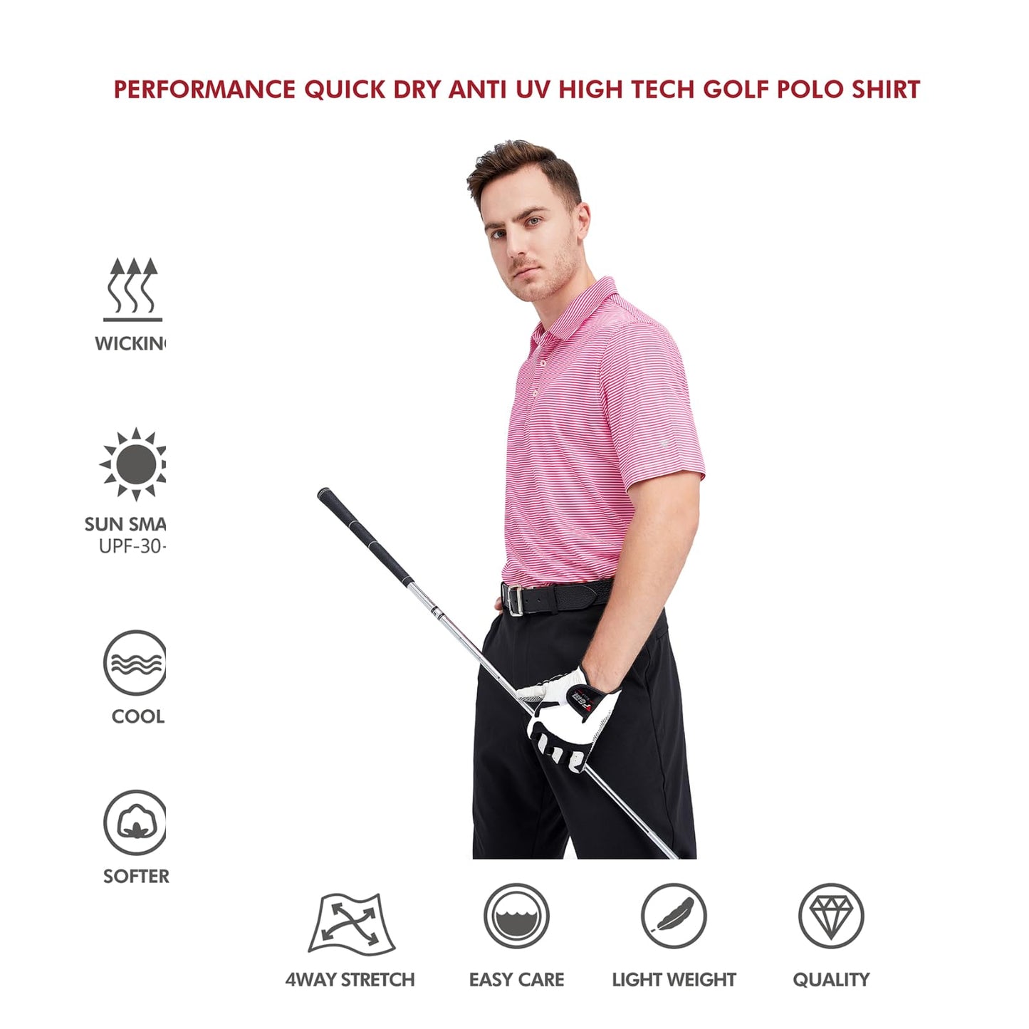 Men's Golf Polo Shirts Short Sleeve Striped Performance Moisture Wicking Dry Fit Golf Shirts for Men