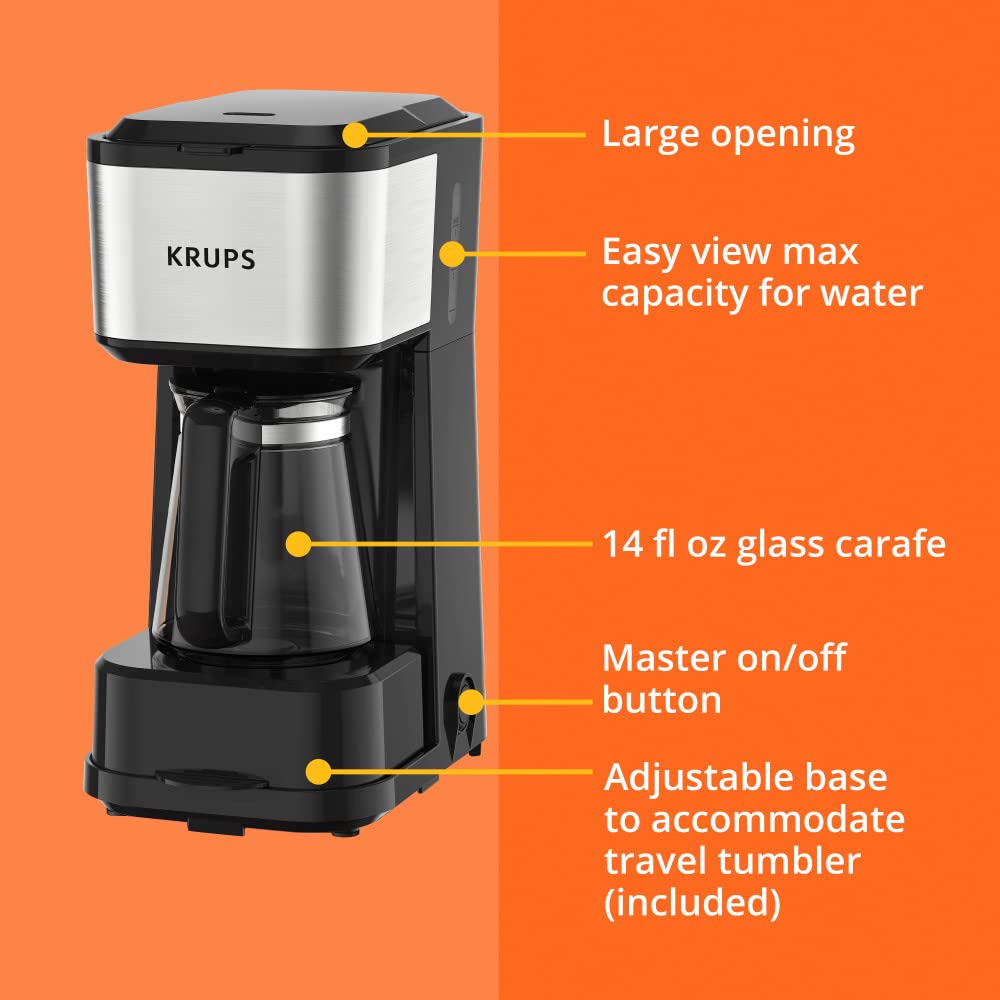 Krups, Coffee Maker, Simply Brew Stainless Steel 5 Cup, Keep Warm Function, Reusable Coffee Filter, Ultra Compact 650 Watts, Drip Free, Cold Brew, Dishwasher Safe Pot, Silver and Black