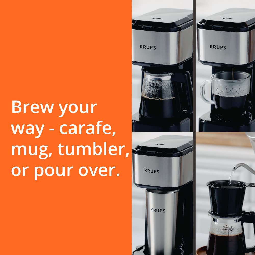 Krups, Coffee Maker, Simply Brew Stainless Steel 5 Cup, Keep Warm Function, Reusable Coffee Filter, Ultra Compact 650 Watts, Drip Free, Cold Brew, Dishwasher Safe Pot, Silver and Black