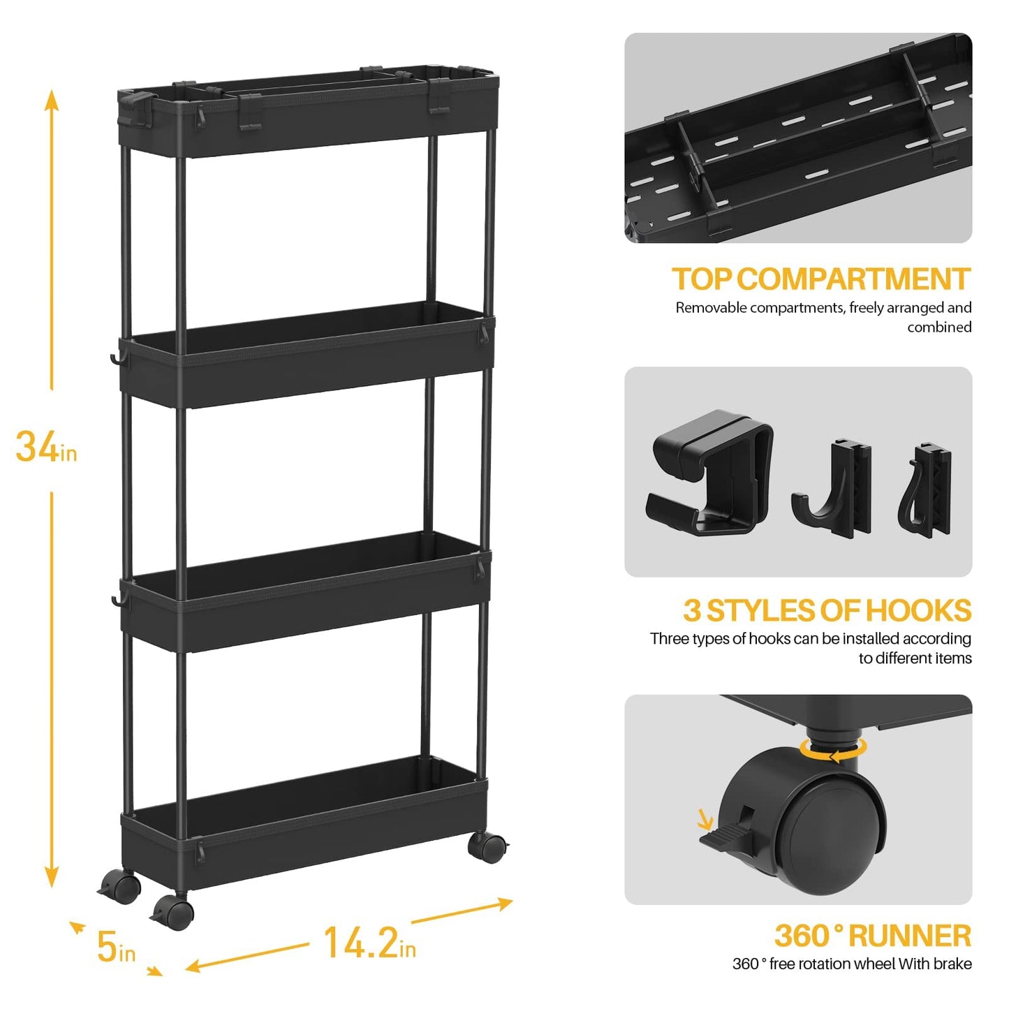 SPACELEAD Slim Storage Cart 4 Tier, Storage Organizer Rolling Utility/ Mobile Shelving Unit Slide Out Storage Cart for Office, Bathroom, Kitchen, Laundry Room & Narrow Places， Black