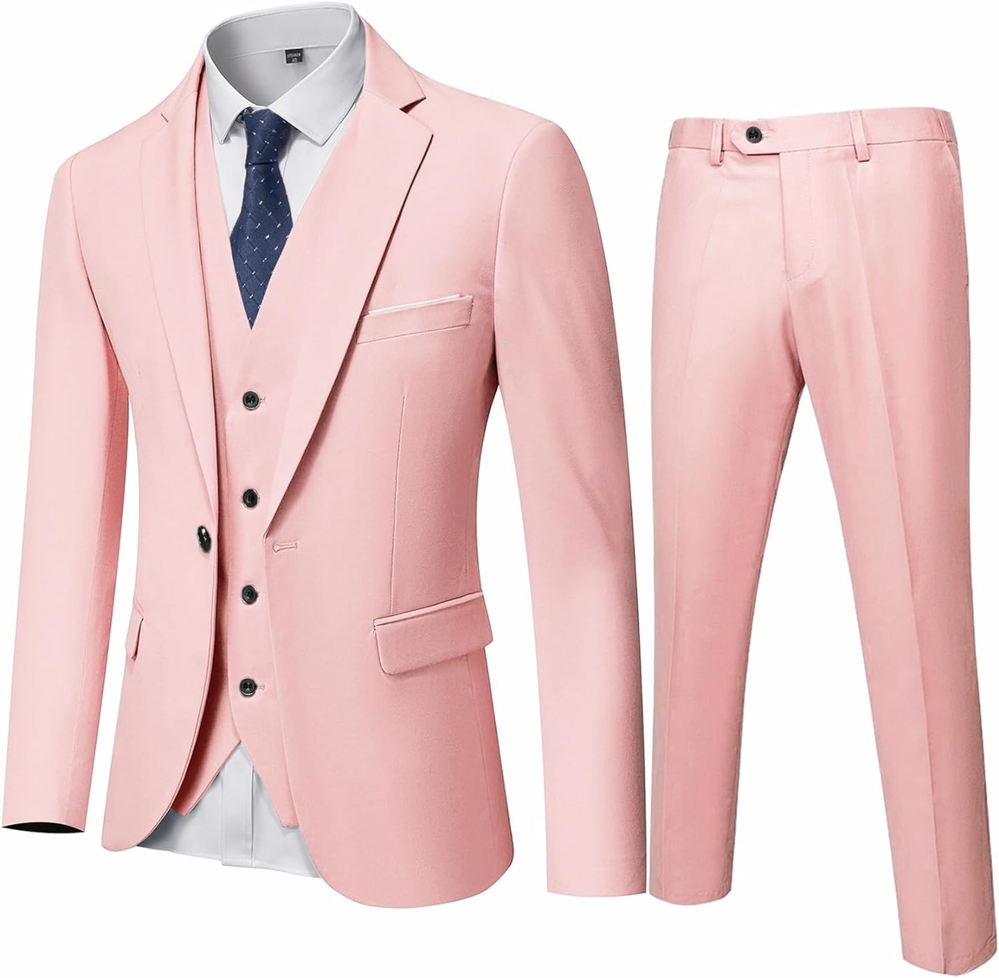 YND Men's Slim Fit 3 Piece Suit, One Button Solid Jacket Vest Pants Set with Tie