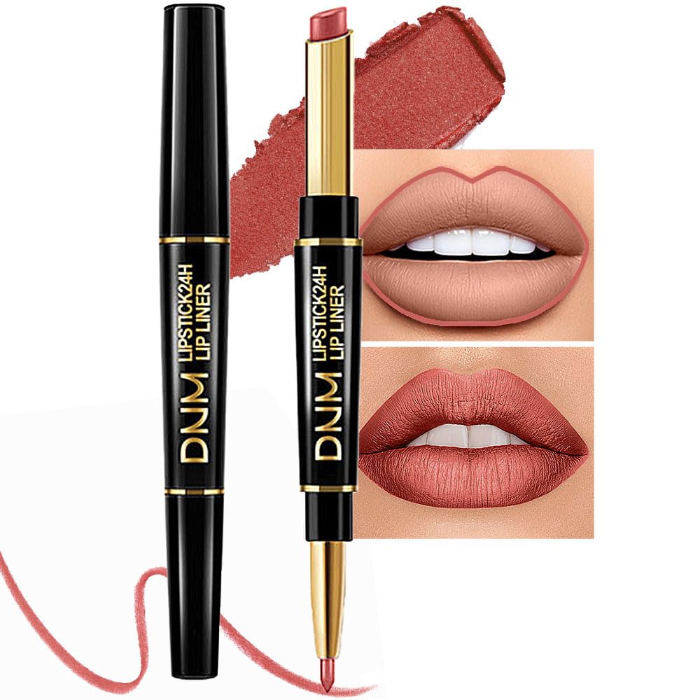 evpct 3Pcs Chestnut Nude Brown Lip Liner and Lipstick Set Kit for Women DNM Dusty Antique Rose Matte Lips Kit with Lip Liner Stains Long Lasting Waterproof 24 Hour Lipstick and Lip Liners Combo Pencil