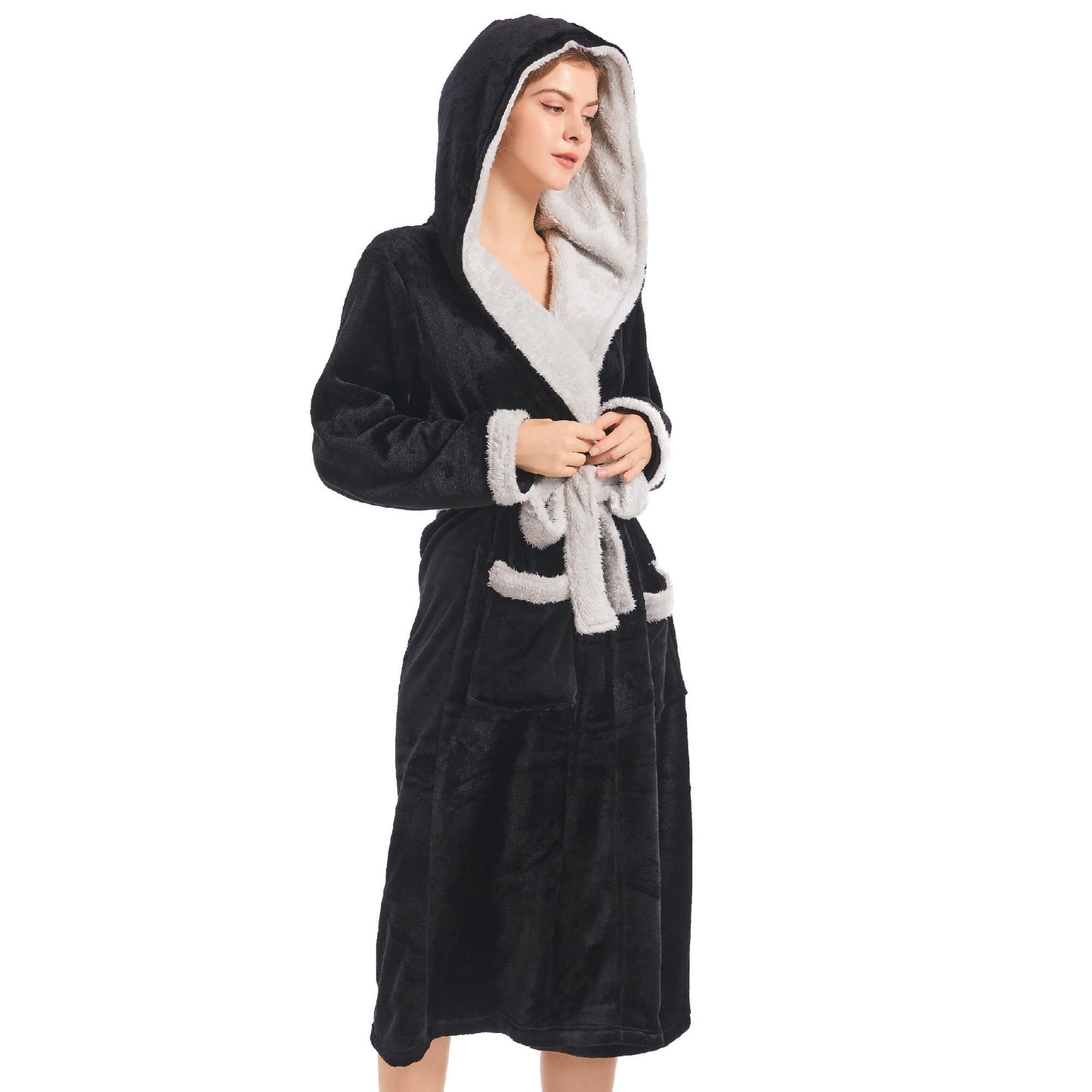 Inner Wish Women Hooded Plush Robe, Fleece Cozy Warm Bathrobe